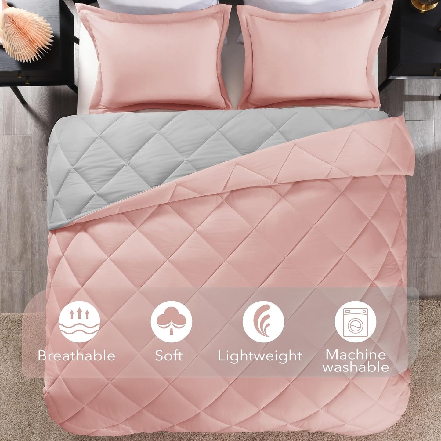 King Size Comforter Set - Pink and Grey King Comforter, Soft Bedding Sets for All Seasons -3 Pieces - 1 Comforter (104"X92") and 2 Pillow Shams(20"X36")