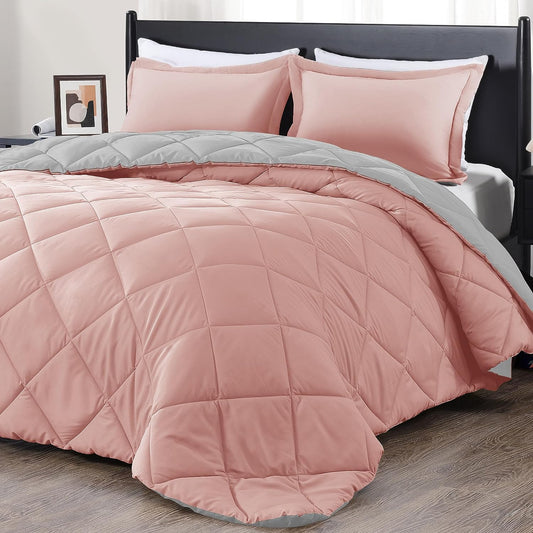 King Size Comforter Set - Pink and Grey King Comforter, Soft Bedding Sets for All Seasons -3 Pieces - 1 Comforter (104"X92") and 2 Pillow Shams(20"X36")