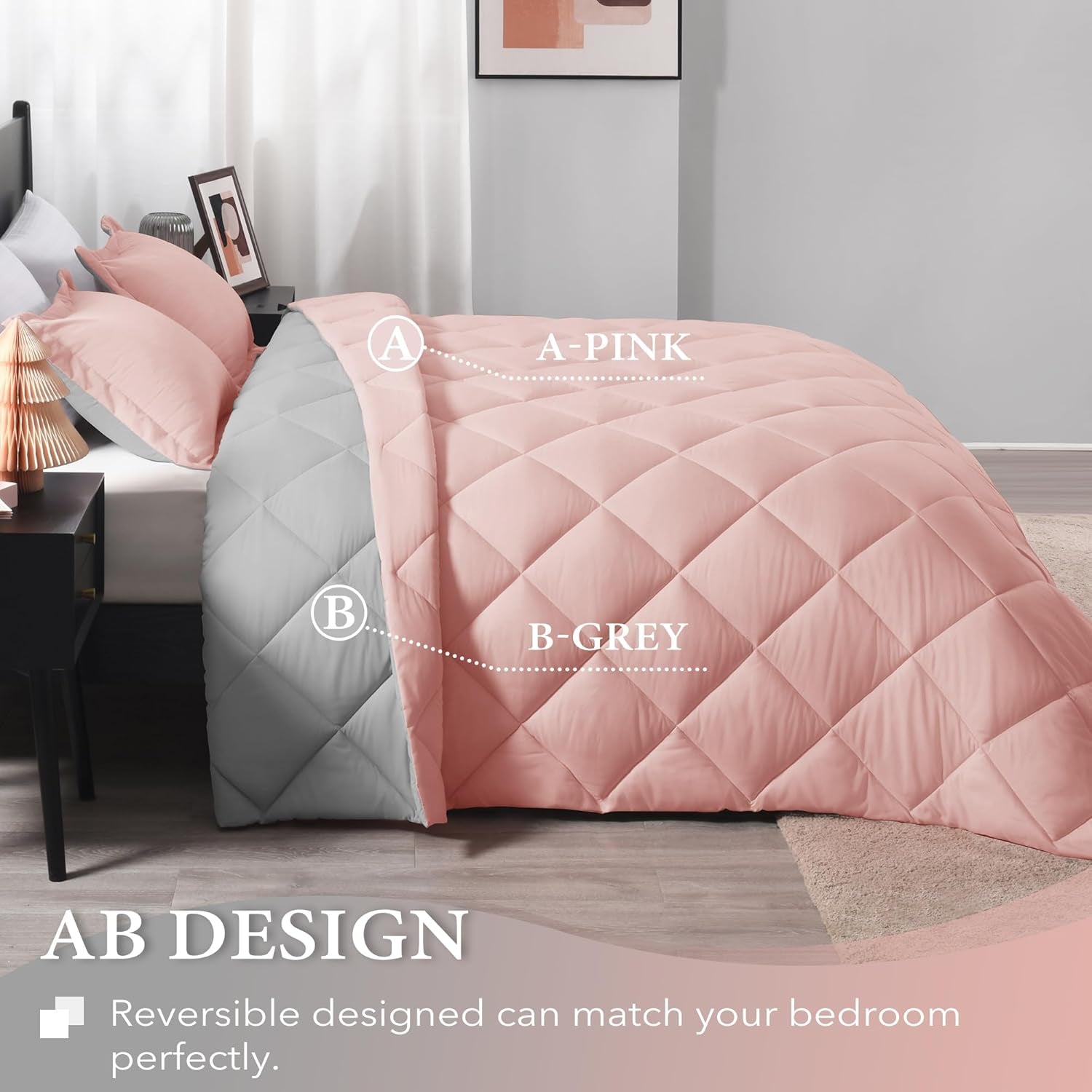 King Size Comforter Set - Pink and Grey King Comforter, Soft Bedding Sets for All Seasons -3 Pieces - 1 Comforter (104"X92") and 2 Pillow Shams(20"X36")