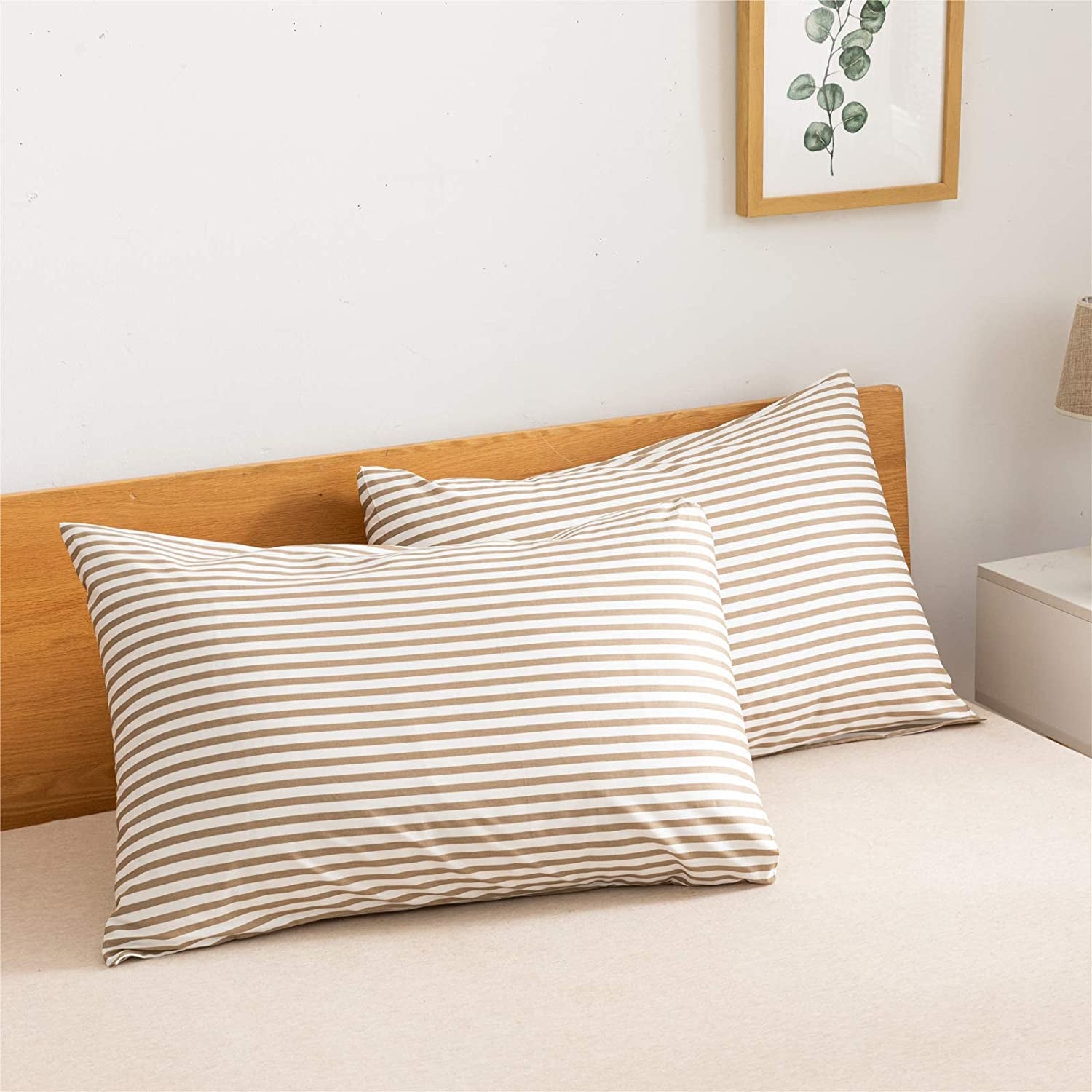 100% Natural Cotton 3Pcs Striped Duvet Cover Sets,White Duvet Cover with Khaki Stripes Pattern Printed Comforter Cover,With Zipper Closure & Corner Ties(Full Size)