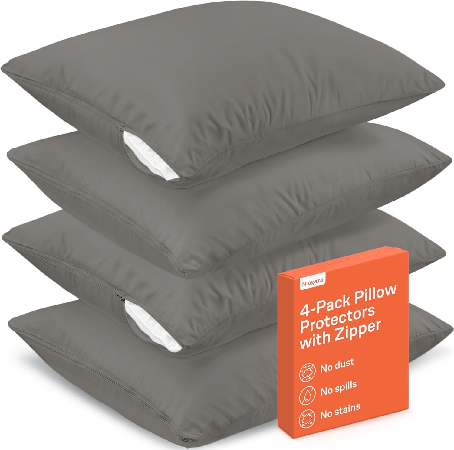 Ultra Soft Pillow Protectors with Zipper Standard Size - Set of 4 Breathable Pillow Covers - 100% Protection against Stains, Dust & Dirt - Machine Washable (Gray)