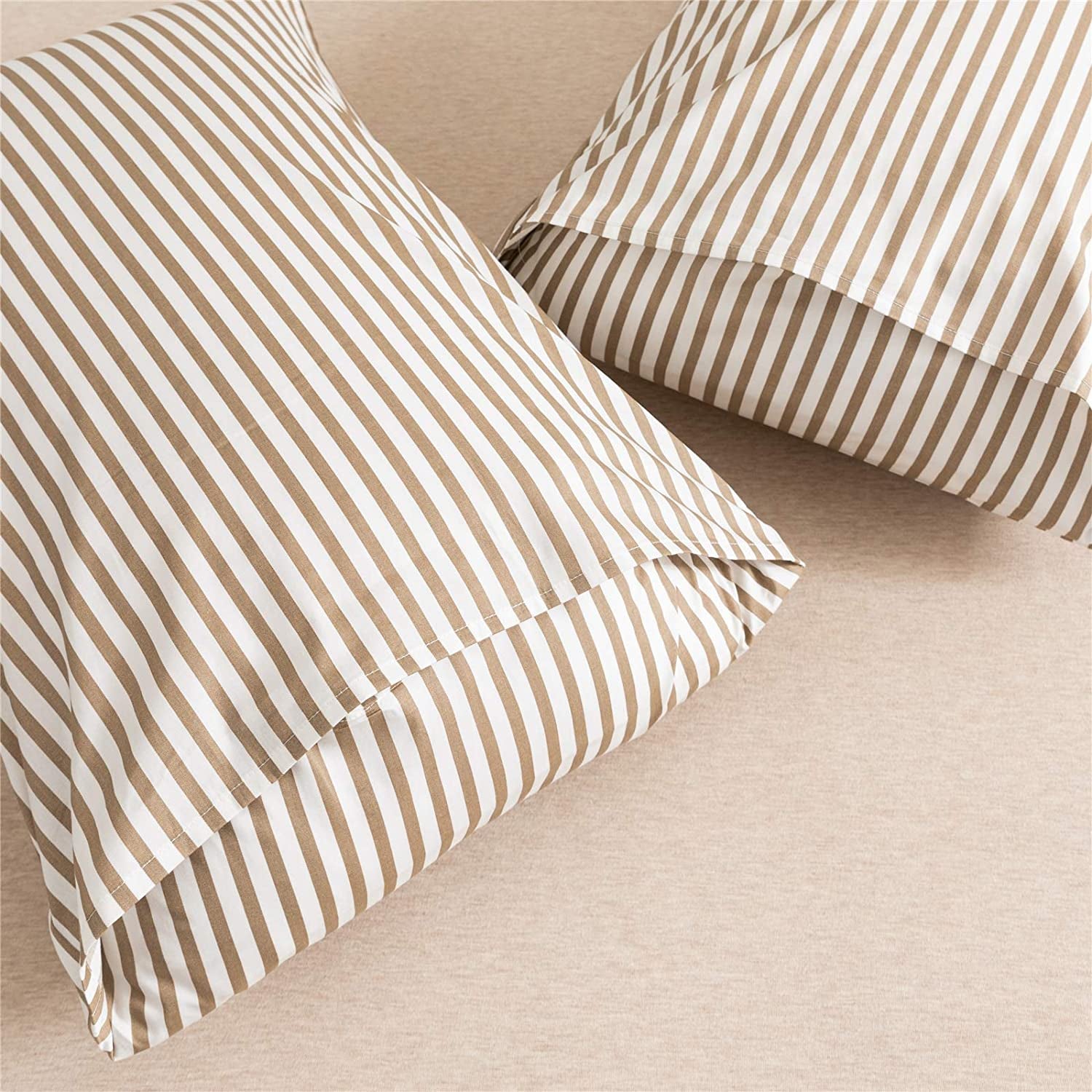 100% Natural Cotton 3Pcs Striped Duvet Cover Sets,White Duvet Cover with Khaki Stripes Pattern Printed Comforter Cover,With Zipper Closure & Corner Ties(Full Size)