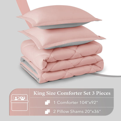 King Size Comforter Set - Pink and Grey King Comforter, Soft Bedding Sets for All Seasons -3 Pieces - 1 Comforter (104"X92") and 2 Pillow Shams(20"X36")